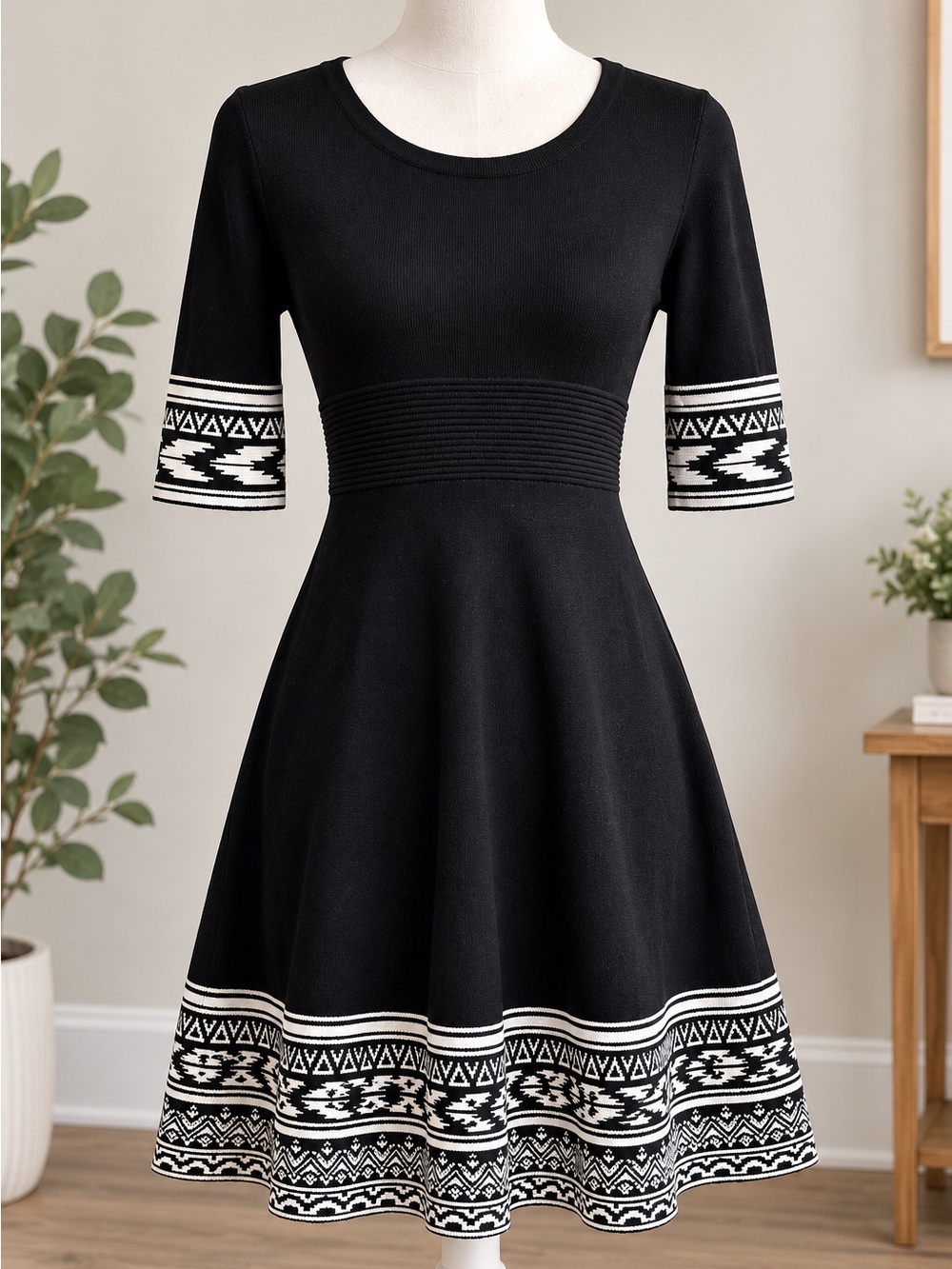 Xhilaration Black Midi Dress with White Geometric Trim